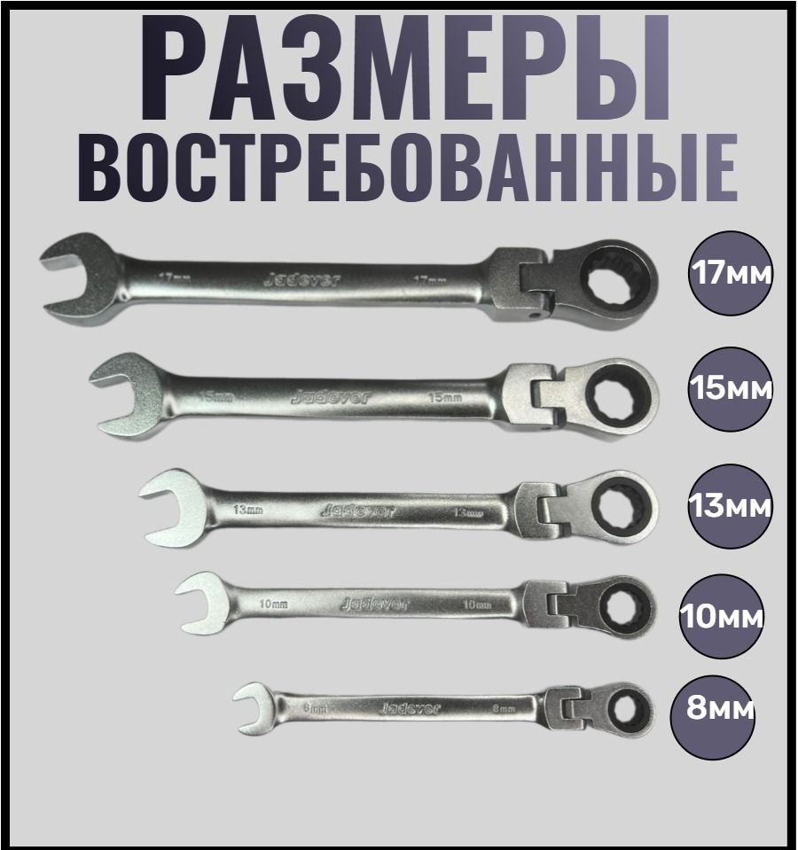 НаборШарнирныхТрещеточныхключей5шт(17мм,15мм,13мм,10мм,8мм)JADEVER