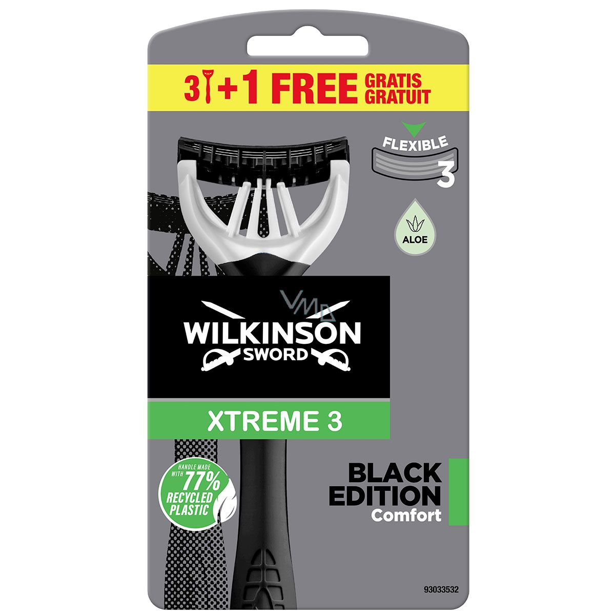 Wilkinson Sword Бритвы одноразовые XTREME3 Black Edition (4 станка), 3 лезвия, плав.головка, увл.полоска, прорезиненная ручка