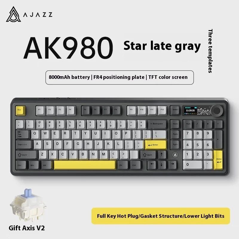 AjazzИгроваяклавиатурабеспроводнаяAK980,(GateronCapV2CrystalBlue),Английскаяраскладка,черно-серый,желтый