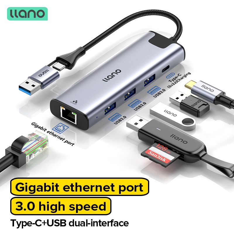 Llano2в1USB3.05-портоваястанциясгигабитнымпортомEthernetUSB/USBCкUSB/Type-C/Ethernet