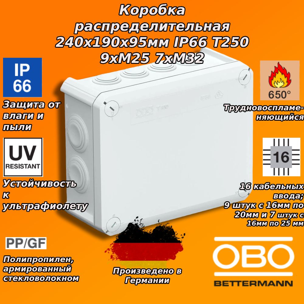 Коробка распределительная 240х190х95мм IP66 T250 OE 9хM25 7хM32 ОБО Баттерманн OBO 2007109