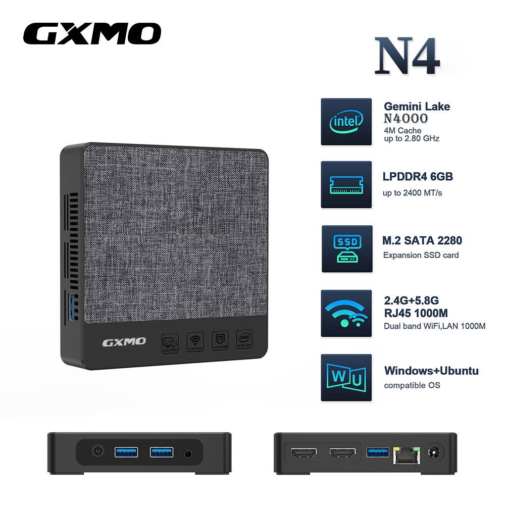 GXMO Мини-ПК N4 (Intel Celeron N4000, RAM 6 ГБ, SSD 64 ГБ, Intel UHD Graphics 600, Windows 11 Pro), черно-серый