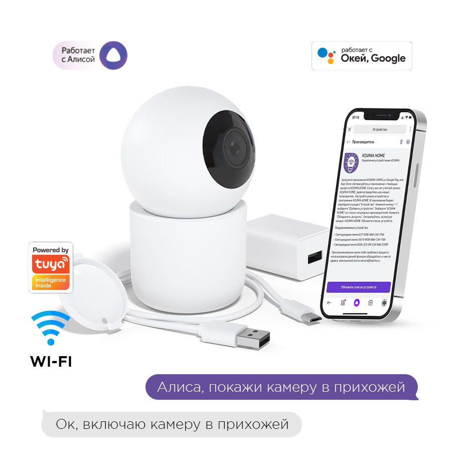 УмнаякамераWi-Fi2К360cЯндексАлисой,GoggleAssistant,поддержкакартпамятидо128Гбиоблачноехранение