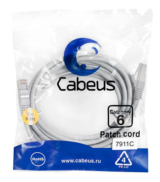 ПатчкордCabeusF/UTP,категория6,2xRJ45/8p8c,экранированный,серый,LSZH,3м(PC-FTP-RJ45-CAT.6-3M-LSZH)