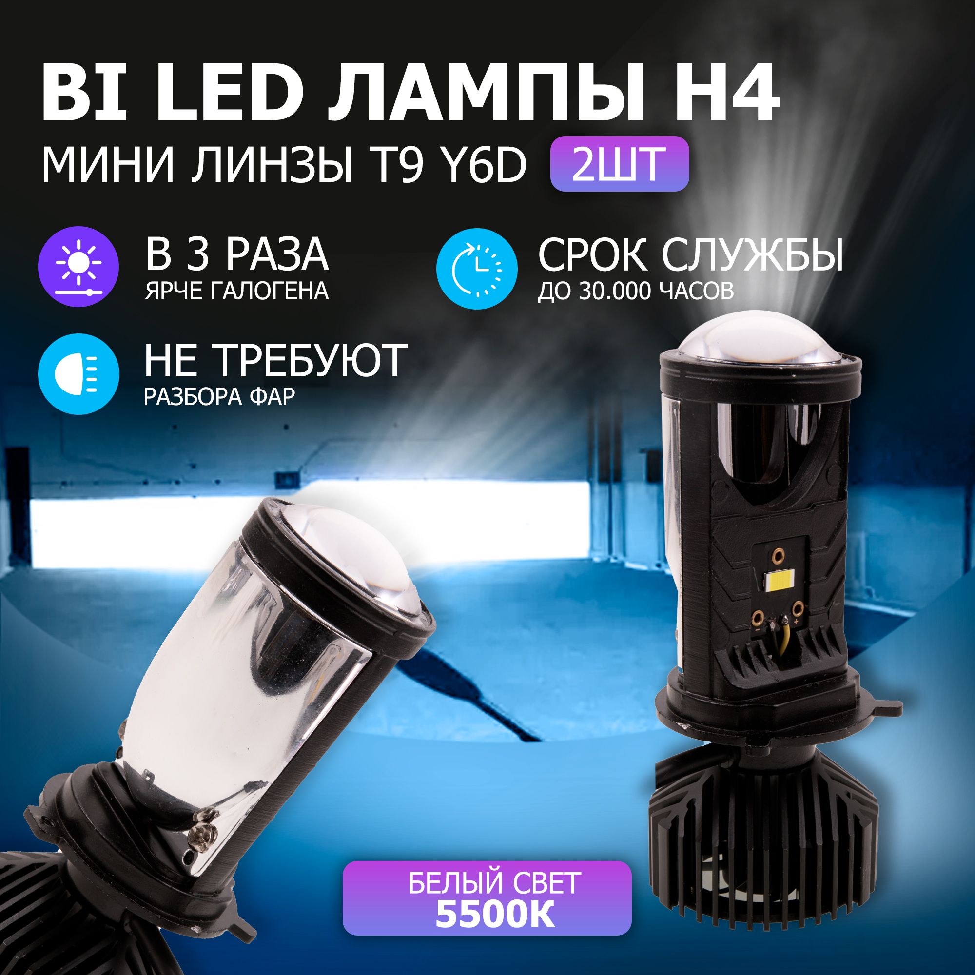 Лед лампы H4 bi led мини линзы автомобильные T9 Y6D