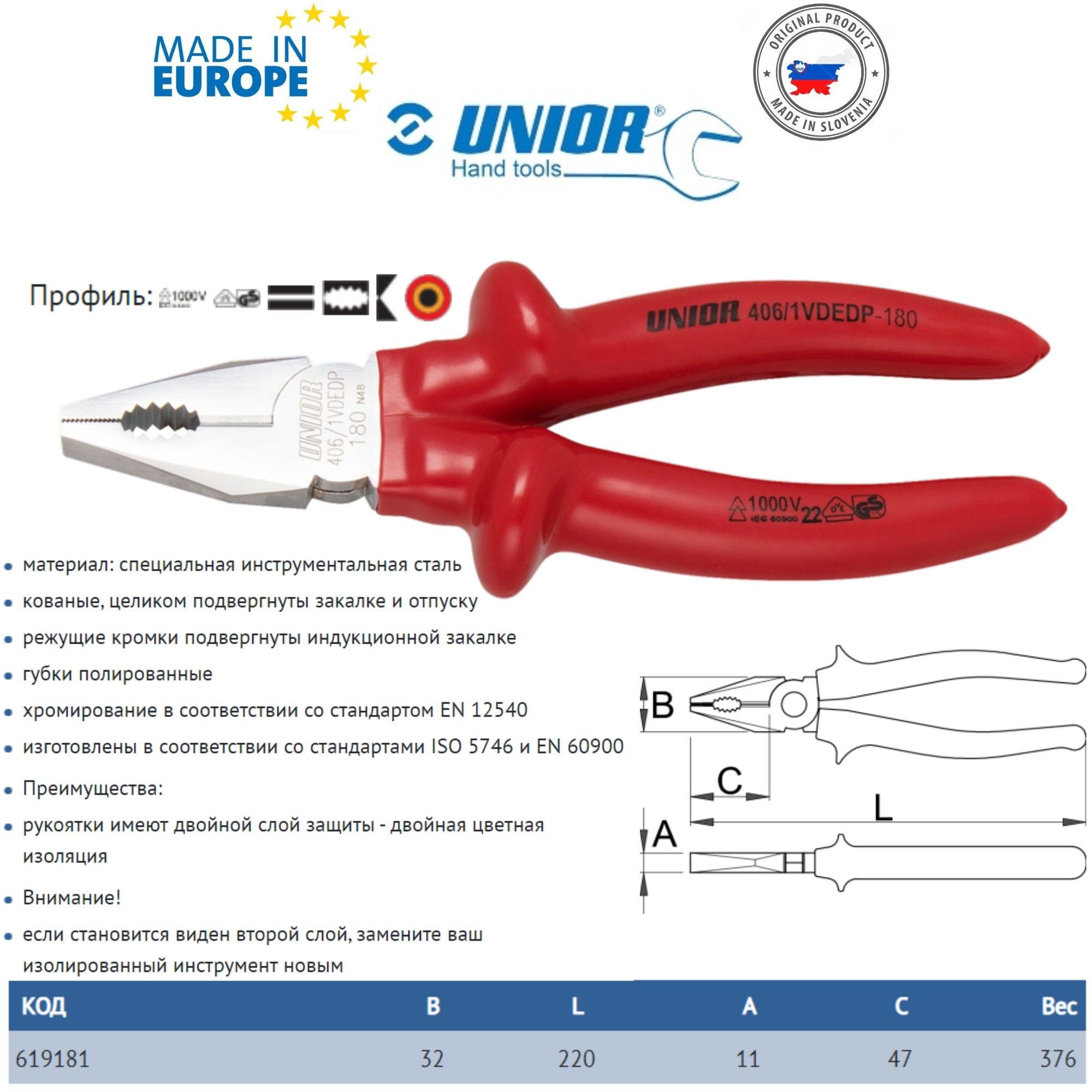 619181 UNIOR Плоскогубцы комбинированные, изолированные 220мм арт. 406DP VDE