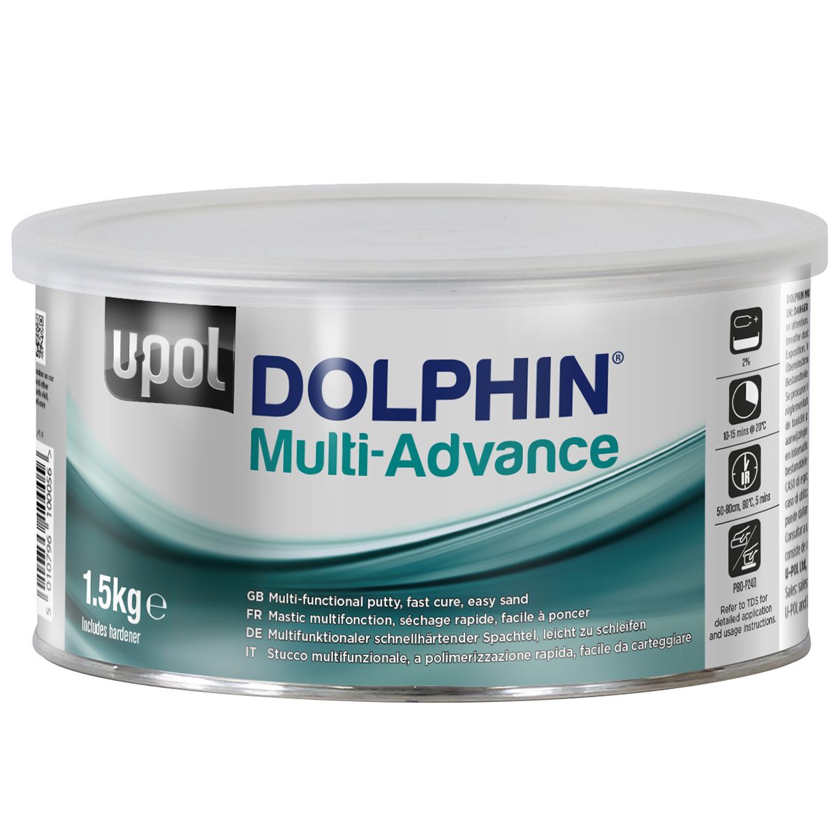 Шпатлевка быстросохнущая легкошлифуемая U-POL DOLPHIN MULTI ADVANCE, зеленая, банка, 1.5кг