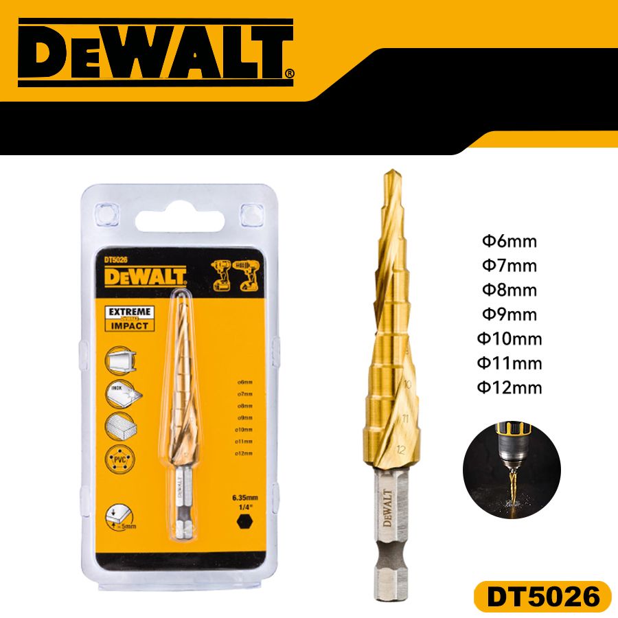 DEWALT6-12ммПагодаВинтовоеступенчатоесверлодлядерева,тонкогометалла,аксессуарыдлявысокоскоростныхсверл,золотой,DT5026