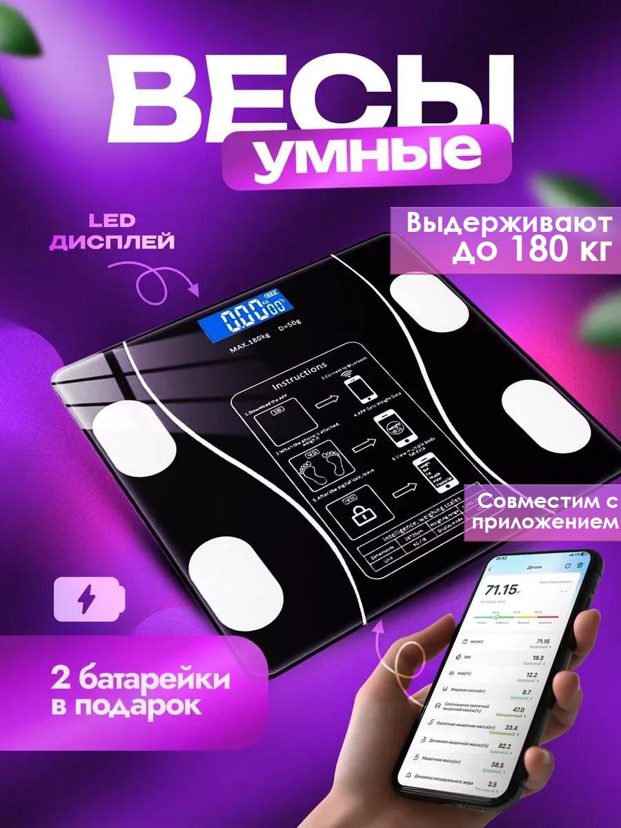 Напольные весы, умные, электронные, нагрузка 180 кг, точность 10 г