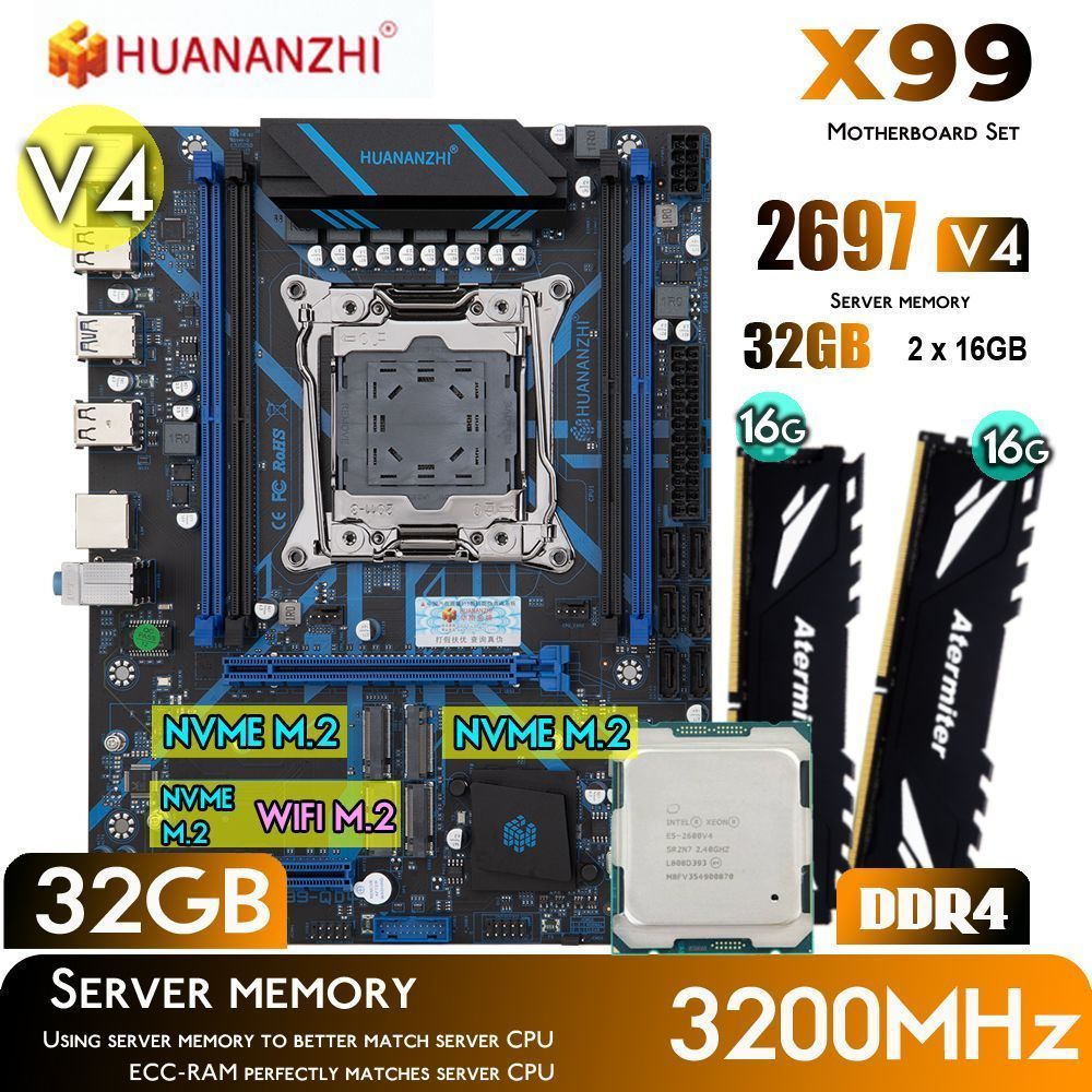 HUANANZHIКомпьютервсборкеПлатаX99QD4LGA2011-3+XEONE52697V42,3ГГц(18ядер/36потока)+32Гб(2x16GB)DDR43200МГцREGECCNVMEM.2WIFI(IntelXeonE5-2697V4,RAM32ГБ,