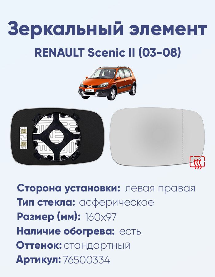 Зеркальный элемент основной RENAULT Scenic II (03-08) асферика нейтральный с обогревом