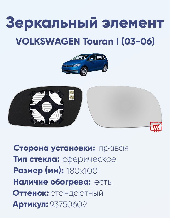 Зеркальный элемент правый VOLKSWAGEN Touran I (03-06) сфера нейтральный с обогревом