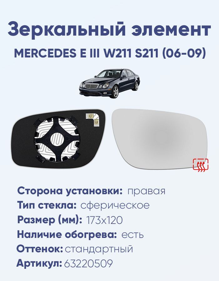 Зеркальный элемент правый MERCEDES E III W211 S211 (06-09) сфера нейтральный с обогревом