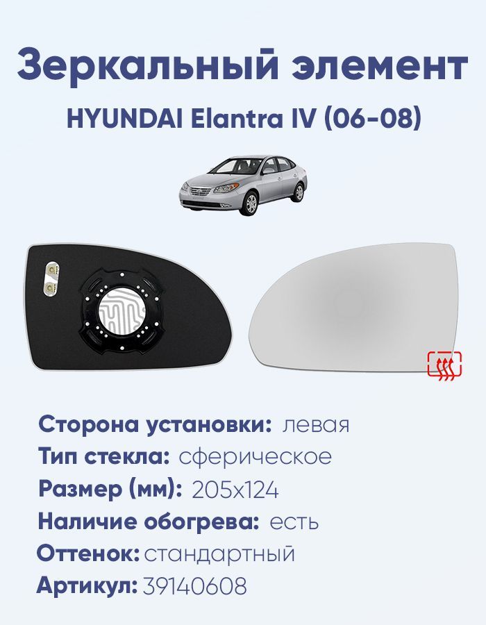 Зеркальный элемент левый HYUNDAI Elantra IV (06-08) сфера нейтральный с обогревом