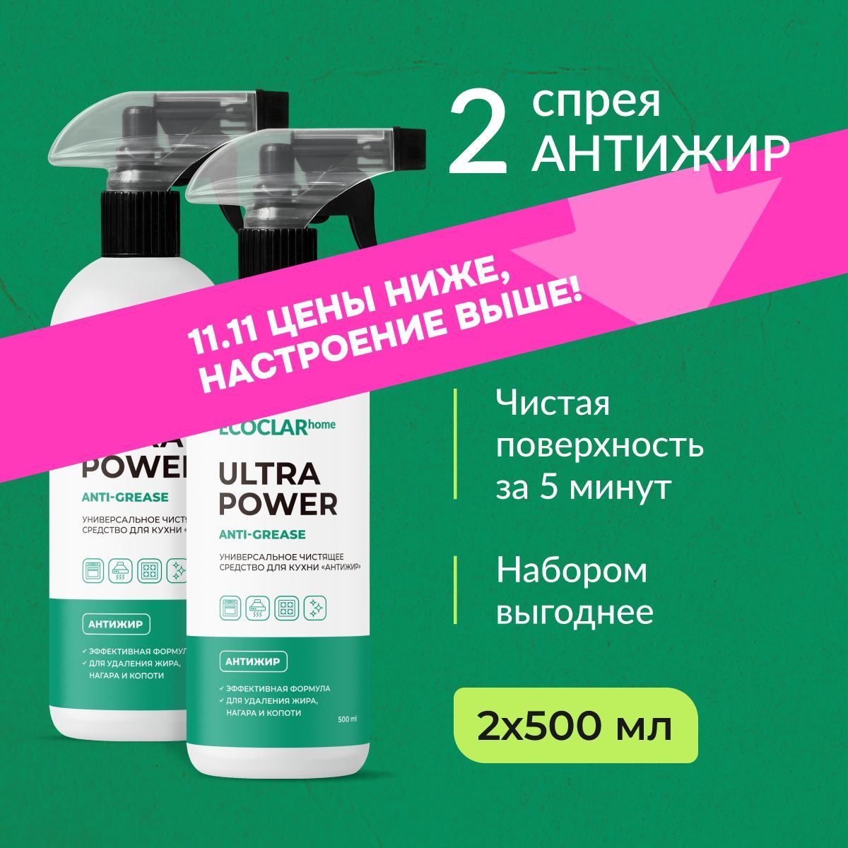 ECOCLARhome Универсальное чистящее средство для кухни АНТИЖИР 500 мл, 2 шт