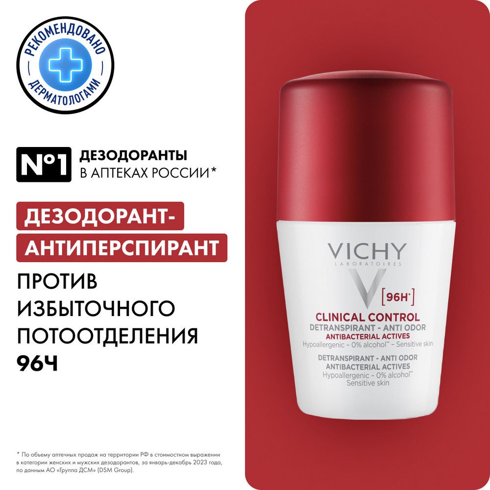 Vichy Clinical Control Дезодорант-антиперспирант от пота, 96 часов защиты, с цинком и перлитом, 50 мл