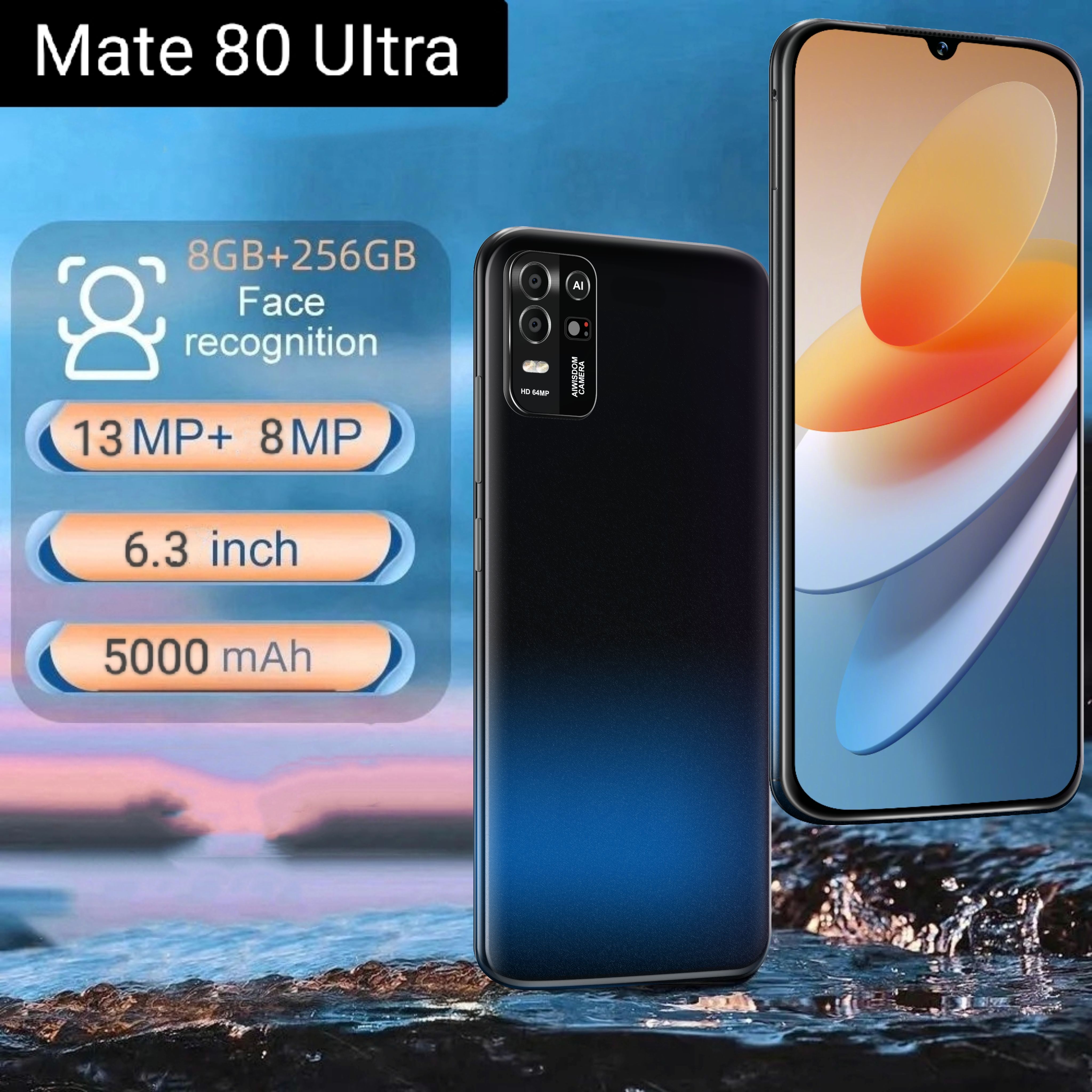 СмартфонMate80UItra-лучшийподарокдлясемьиПоддержкарусскогоязыкаGlobal8/256ГБ,черный