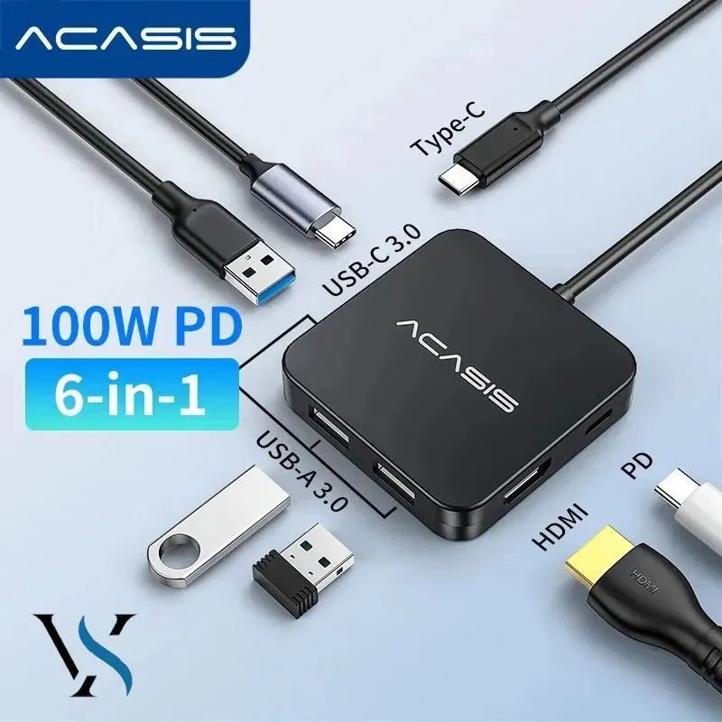 ACASIS USB Type-C Hub 4K 30Hz док-станция с HDMI, USB-адаптером PD, 3 порта USB 3.0, мощностью 100 Вт, для MacOS и Windows, длина кабеля 15 см.