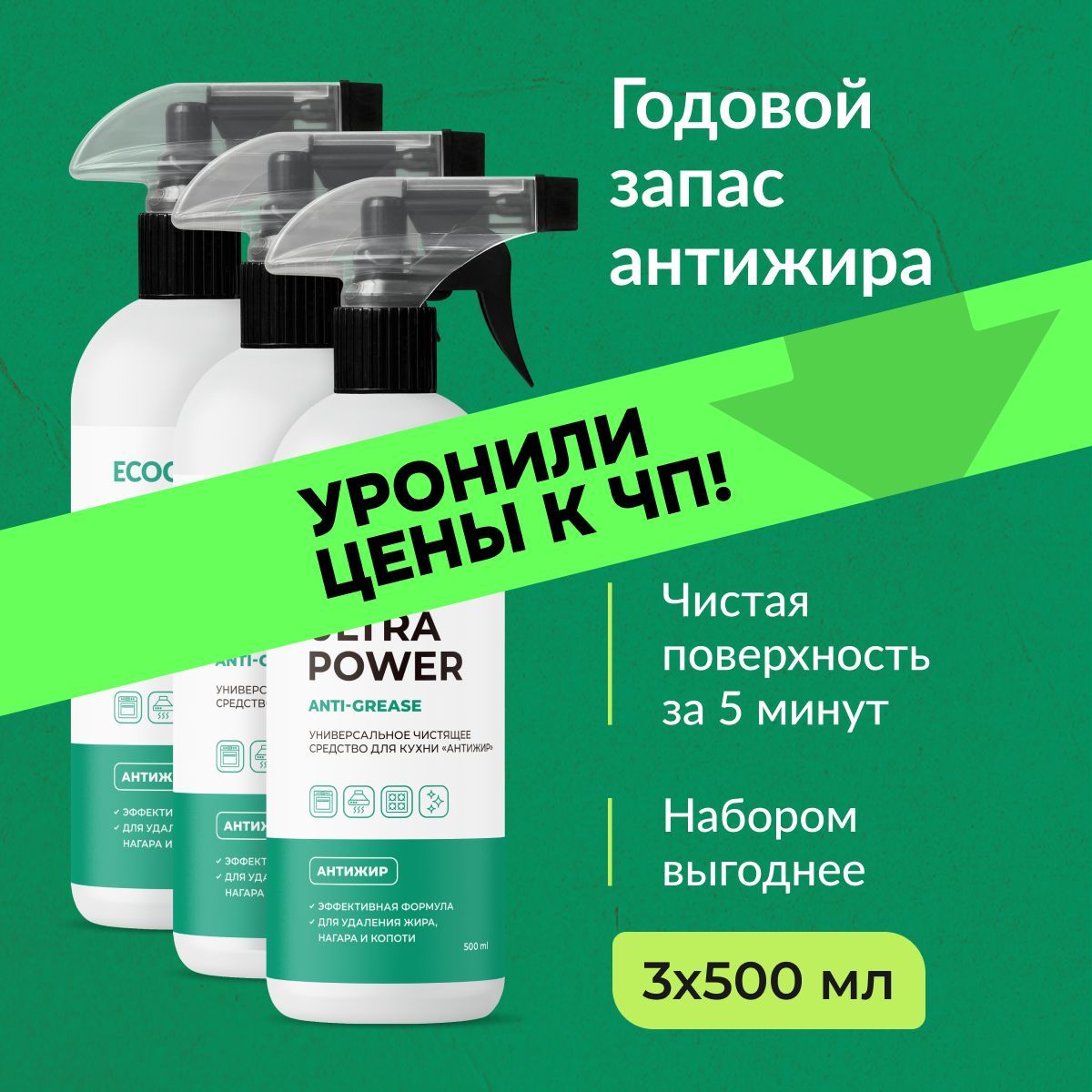 ECOCLARhome Универсальное чистящее средство для кухни АНТИЖИР 500 мл, 3 шт