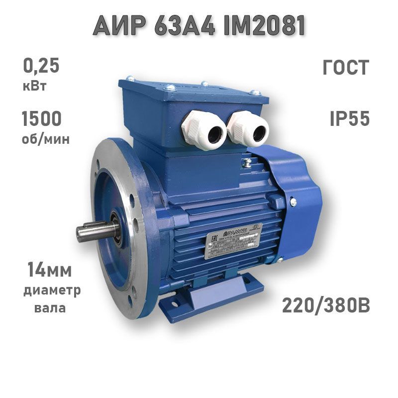 Электродвигатель ЭЛМАШ АИР 63 А4 IM2081 AL (0,25 кВт 1500 об/мин)