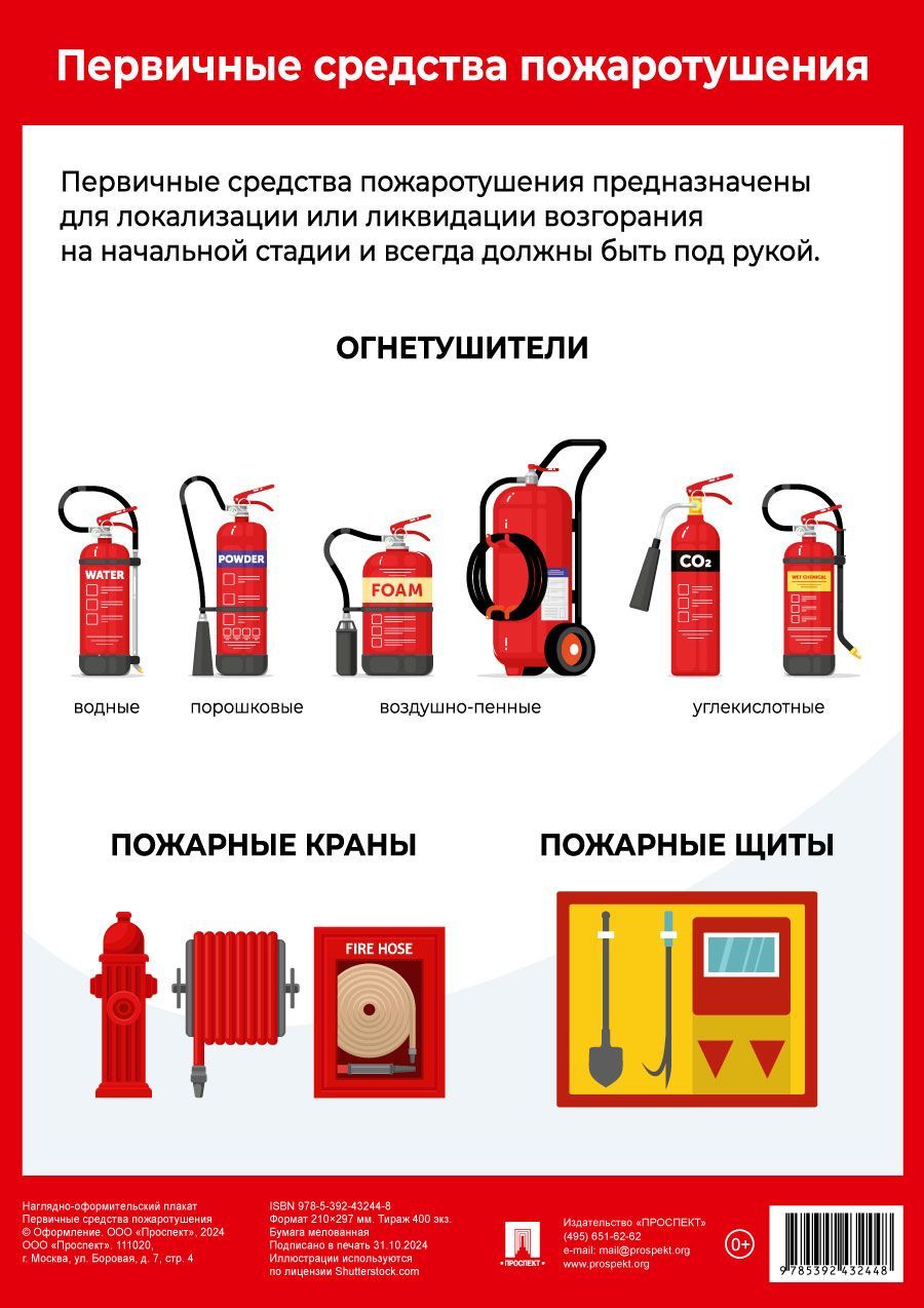 Первичные средства пожаротушения. Наглядно-оформительный плакат. Формат А4.