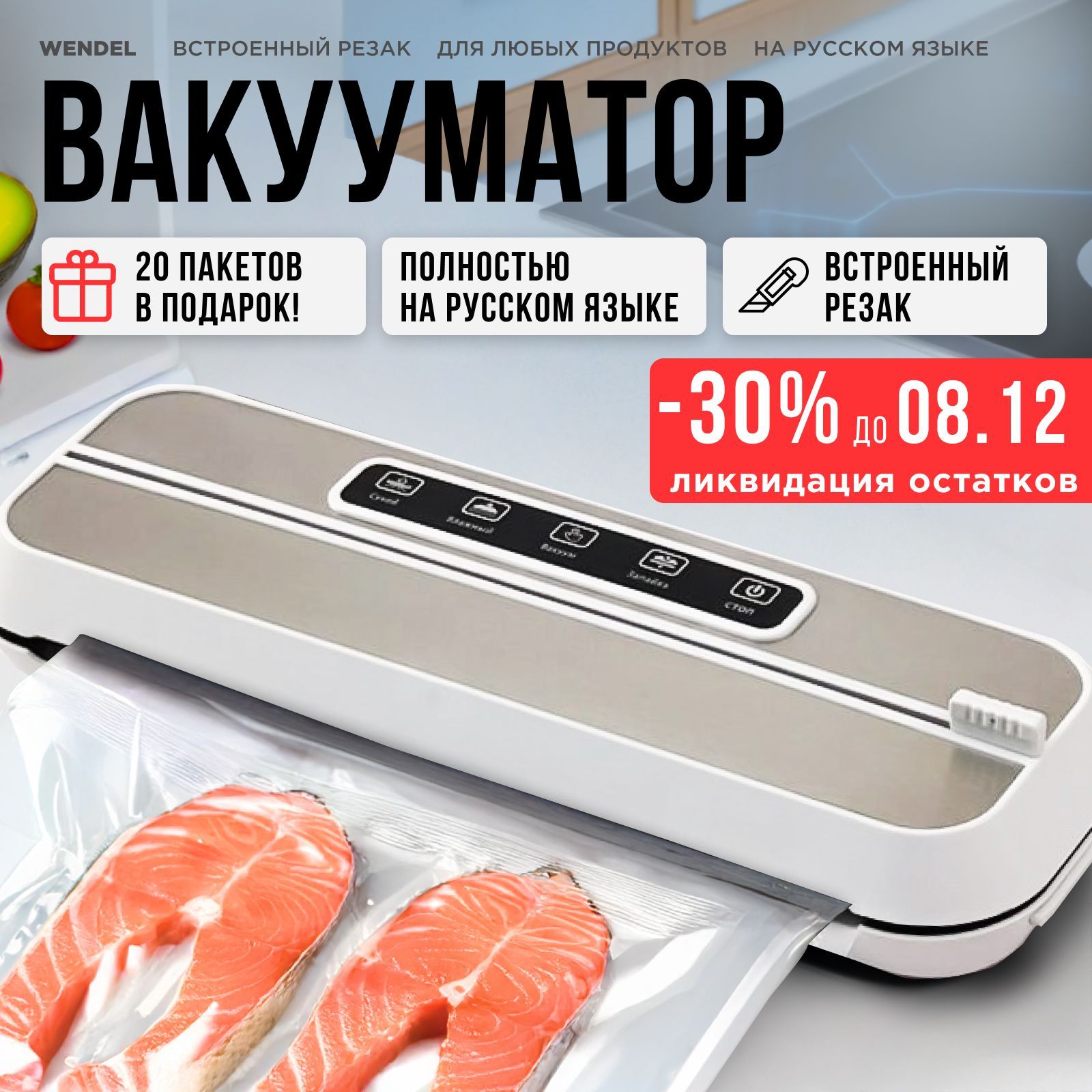 Вакууматор для продуктов WENDEL / Вакуумный упаковщик для сухих и влажных продуктов / на русском языке