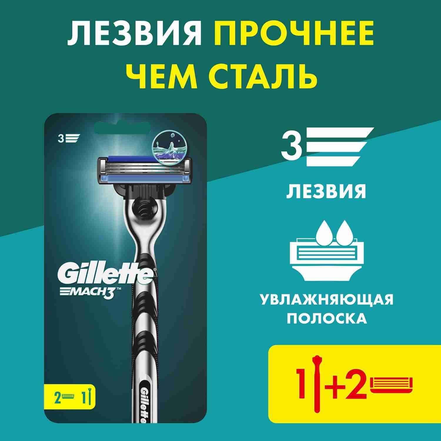 Gillette Mach3 Мужская Бритва, 2 кассеты, с 3 лезвиями, прочнее, чем сталь, для точного бритья