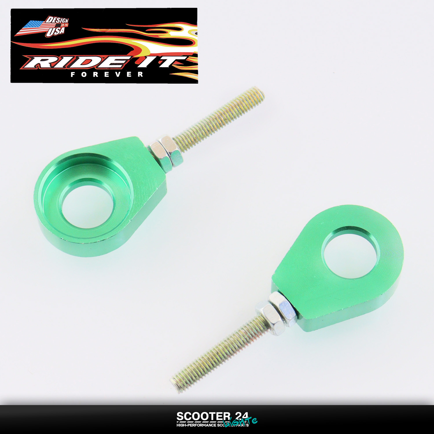 Натяжитель приводной цепи трансмиссии заднего колеза 12 мм (зеленый) "RIDE IT" на мотоцикл / питбайк универсальный