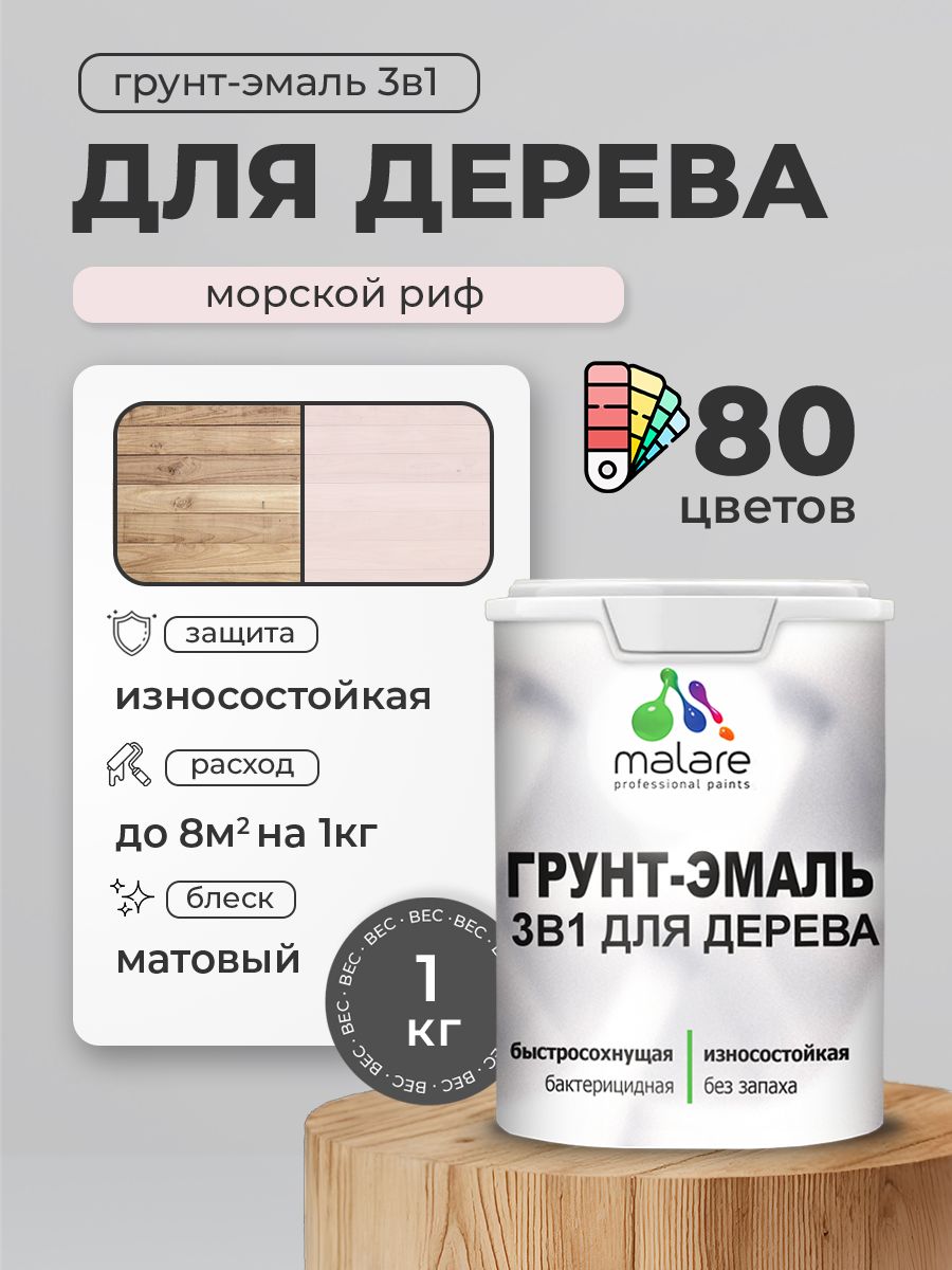 Акриловая Грунт-Эмаль 3 в 1 Malare для деревянных поверхностей с антисептическим эффектом, быстросохнущая, моющаяся без запаха матовая, морской риф, 1 кг