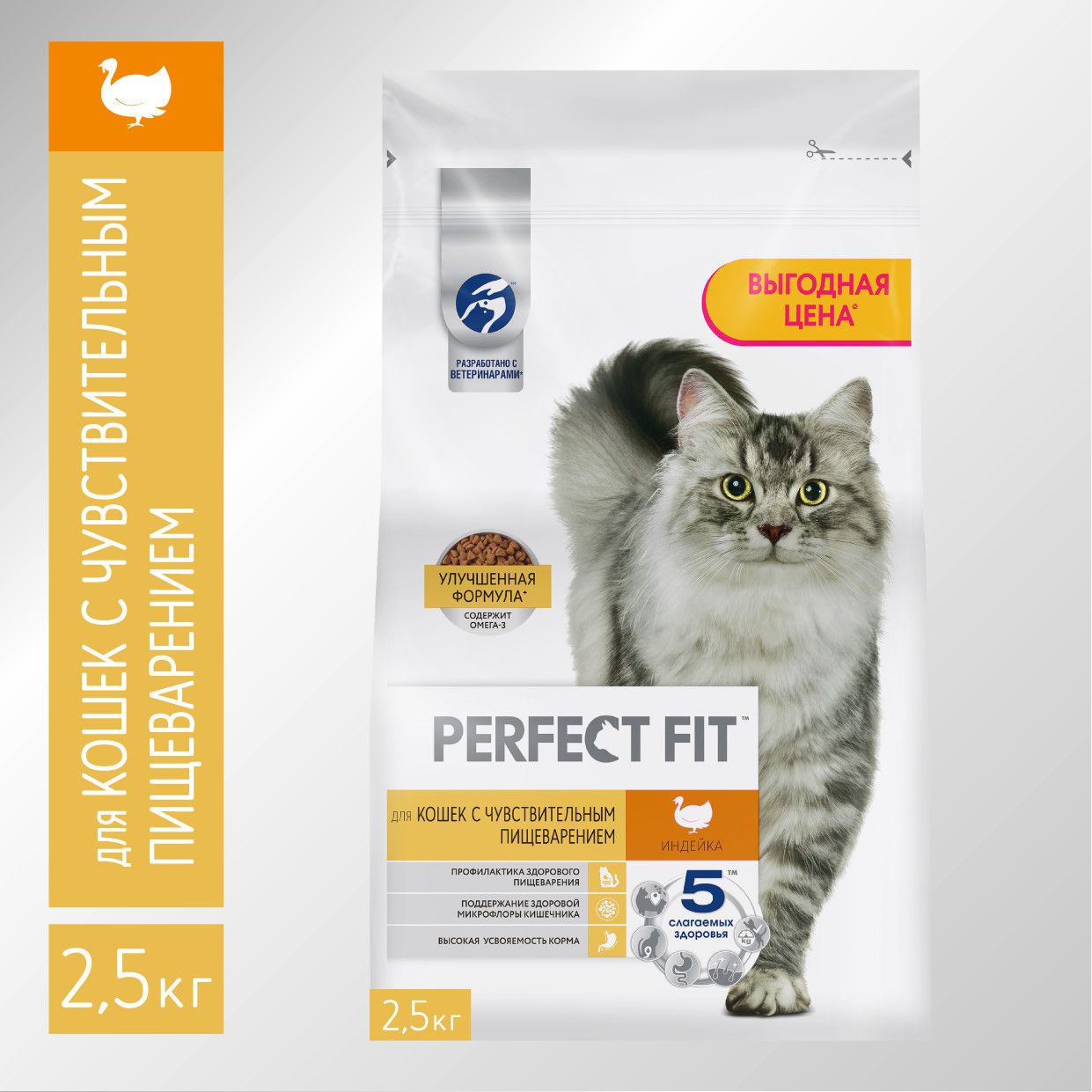 СухойкормдлякошекPerfectFitсчувствительнымпищеварениемсиндейкой,2,5кг