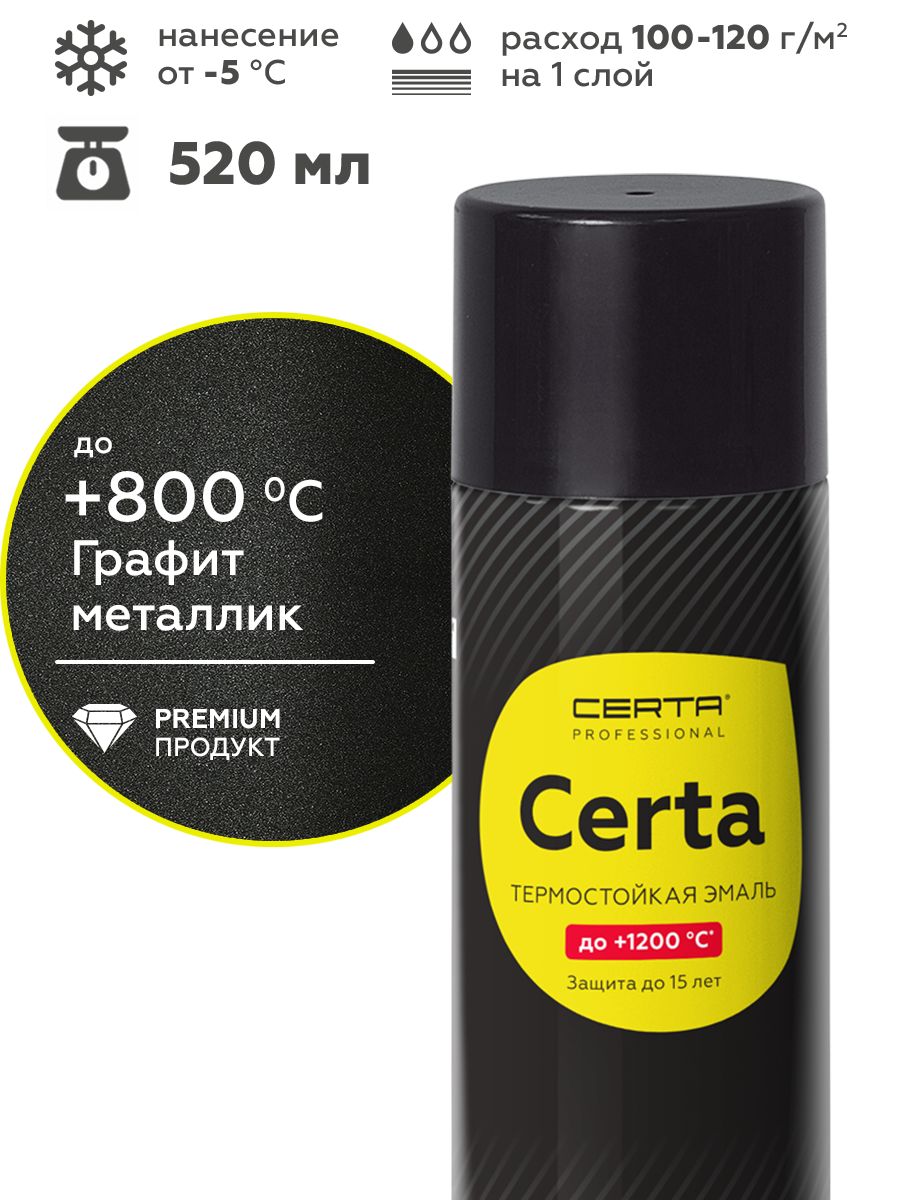 АэрозольнаякраскаCERTAProfessional,термостойкаядо800Сантикоррозионная,дляпечей,мангалов,радиаторовидымоходов,матовая,вбаллончике,графитметаллик