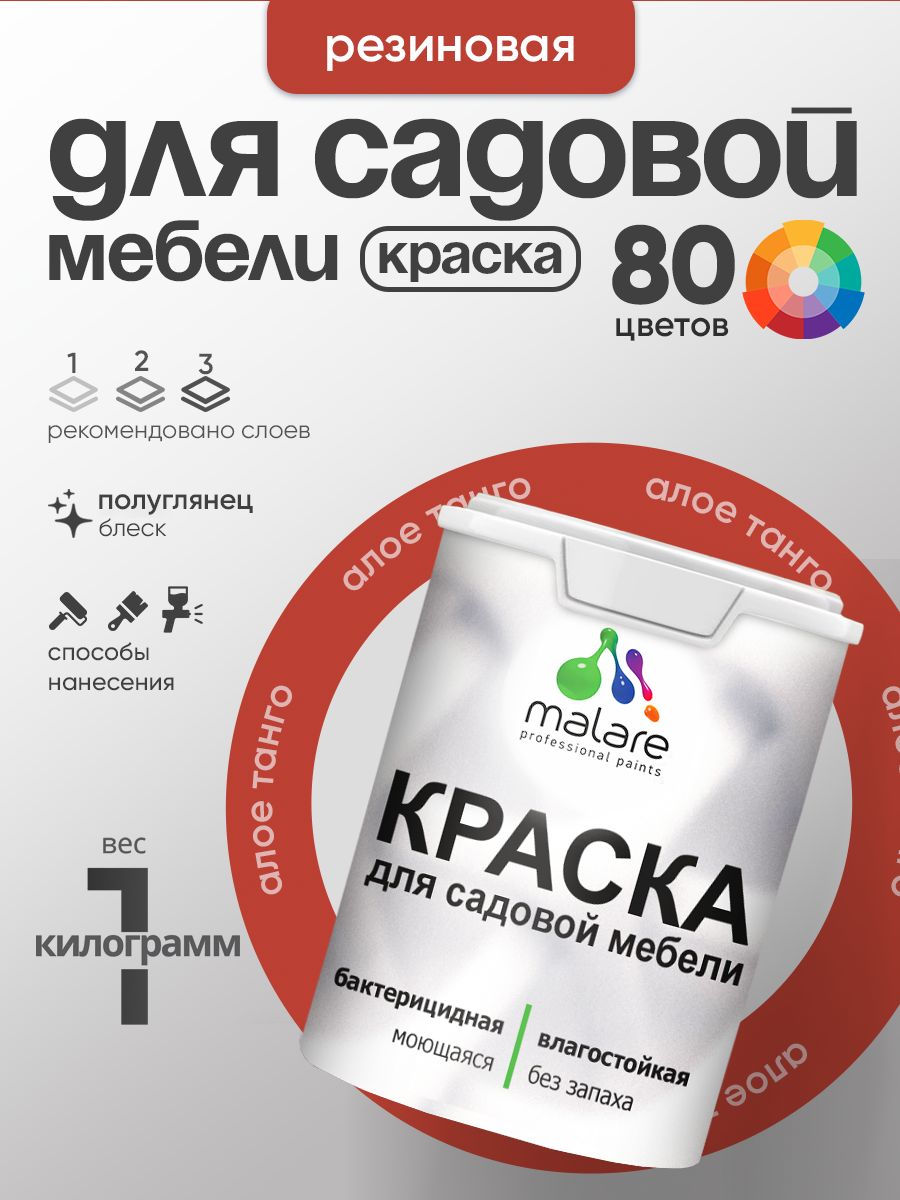 Резиновая краска Malare для садовой мебели/ по дереву, для наружных и внутренних работ/ быстросохнущая моющаяся без запаха полуглянцевая, алое танго, 1 кг