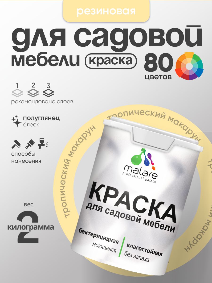 Резиновая краска Malare для садовой мебели/ по дереву, для наружных и внутренних работ/ быстросохнущая моющаяся без запаха полуглянцевая, тропический макарун, 2 кг
