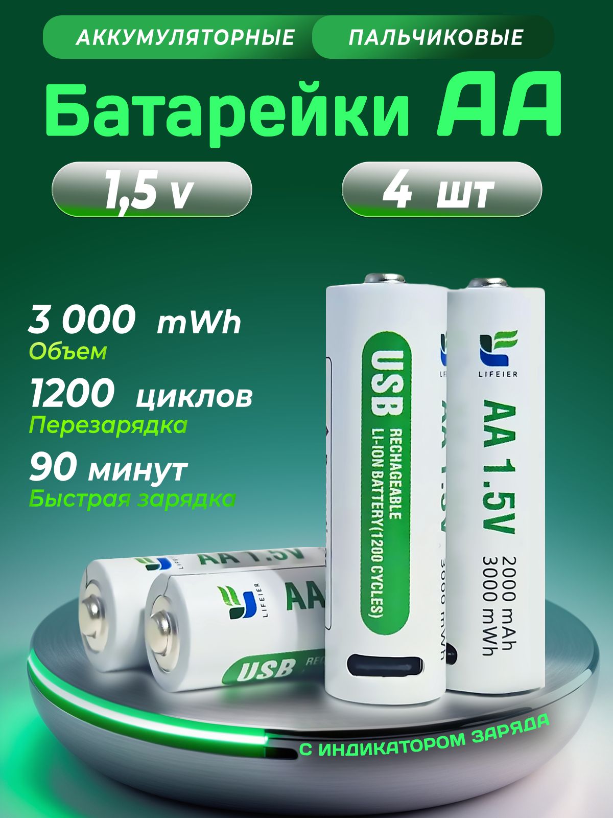 АккумуляторныебатарейкиАА,1.5В,3000mWh,4шт