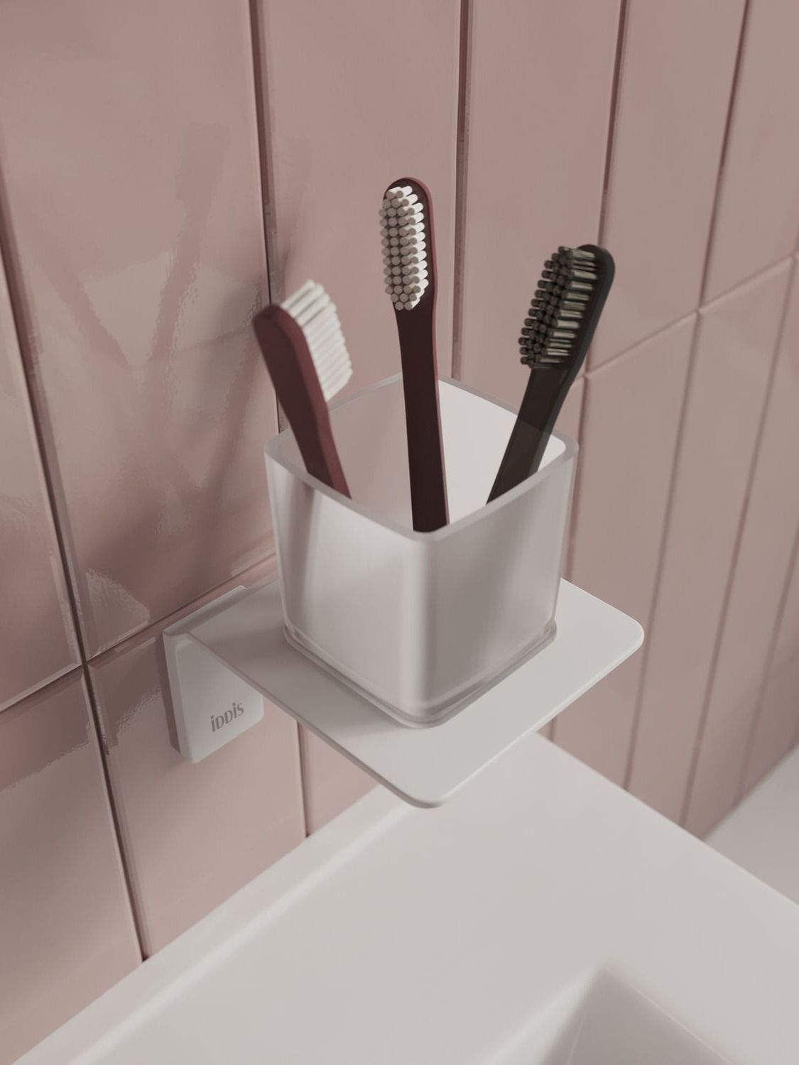 Фото товара на маркетплейсе ozon Стакан для зубных щеток IDDIS, настенный, белый матовый, матовое стекло, сплав металлов, Slide, SLIWTG1i45