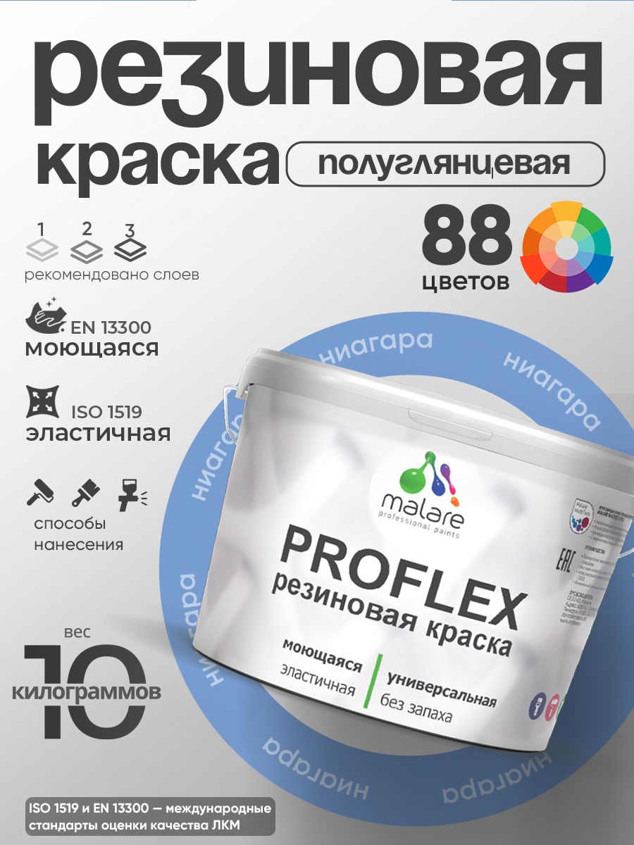 Краска резиновая Malare ProfleX (серия "Пастельные тона") жидкая резина для наружных и внутренних работ, быстросохнущая моющаяся, полуглянцевая, ниагара, 10 кг