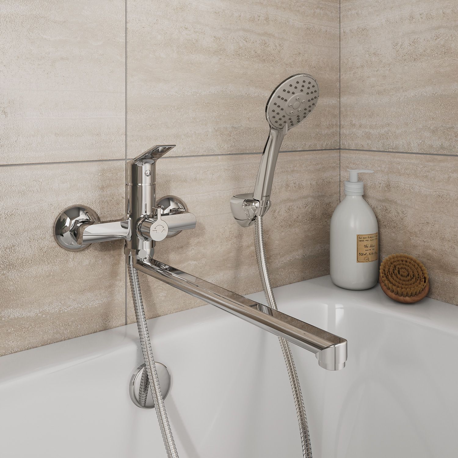 Фото товара на маркетплейсе ozon Смеситель для ванны с душем, с длинным изливом, керамический дивертор, Milardo, Nelson, NELSBLCM10