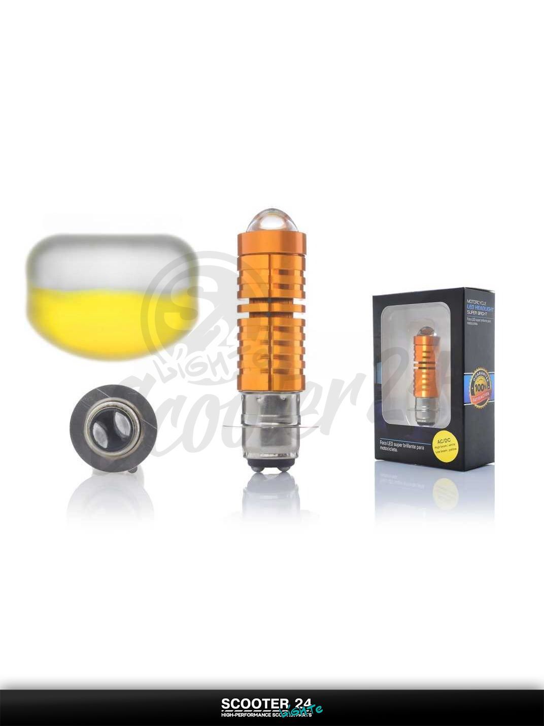 Лампа фары диодная P15D-25-1 12V 35/35W 1 ус, линза, желтый корпус "HUKP" универсальная на мотоцикл мопед и скутер / эндуро / питбайк