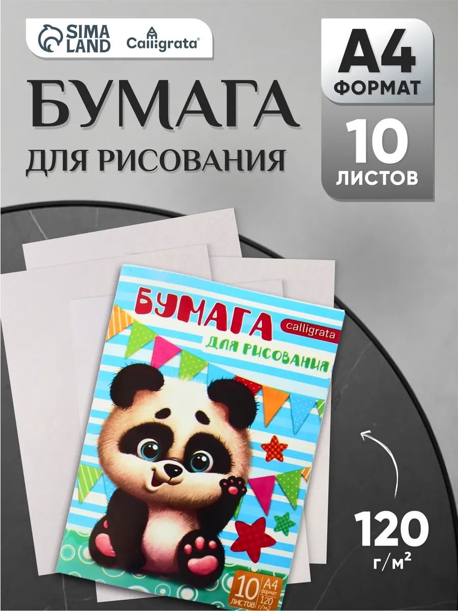 Папка для рисования, бумага для творчества А4 10 листов "Панда", блок 120г/м