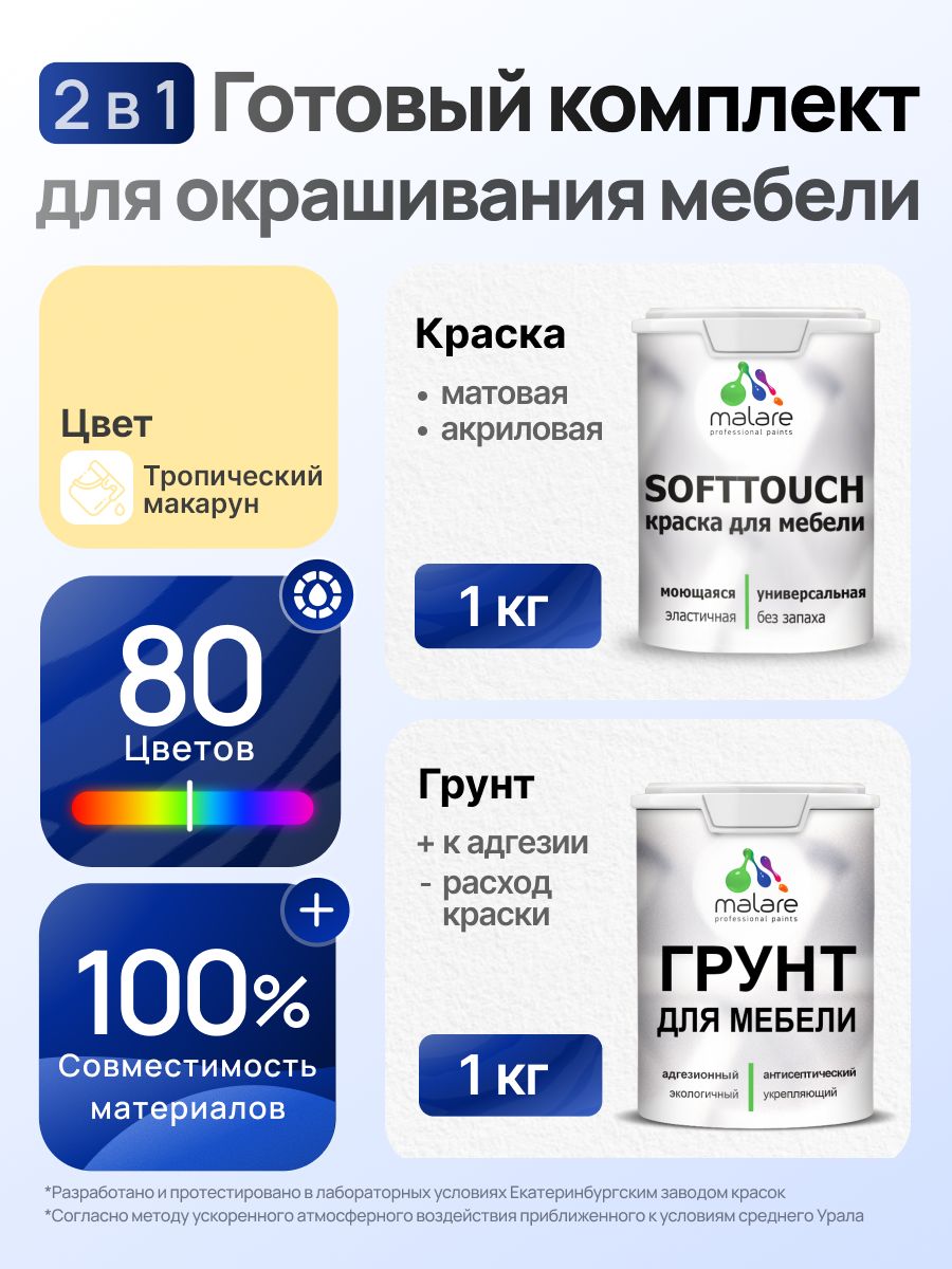 Комплект Malare SoftTouch для окрашивания мебели (1кг грунт + 1 кг краска), акриловый, без запаха, быстросохнущий, матовый, цвет тропический макарун
