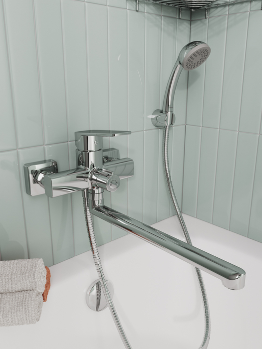 Фото товара на маркетплейсе ozon Смеситель для ванны с длинным изливом, лейка 1 режим, шланг 1,5 м, хром глянцевый, Milardo, Poli, POLSB00M10