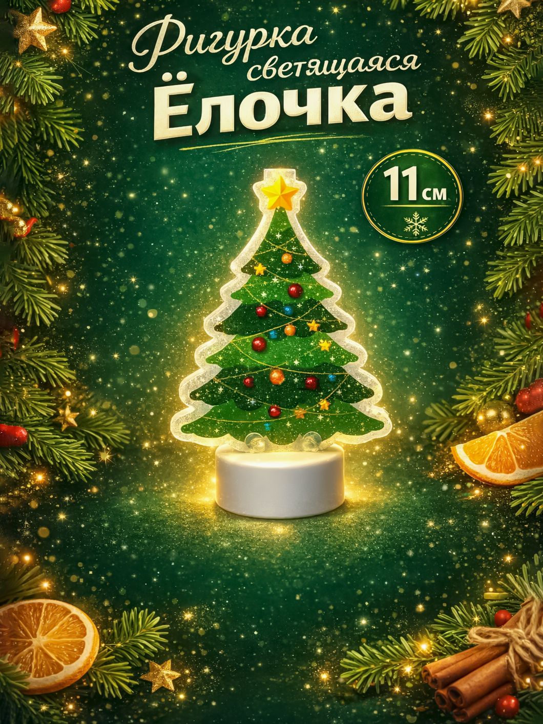 Световая картинка на подставке Ёлочка 11 см, батарейки, свечение тёплое белое