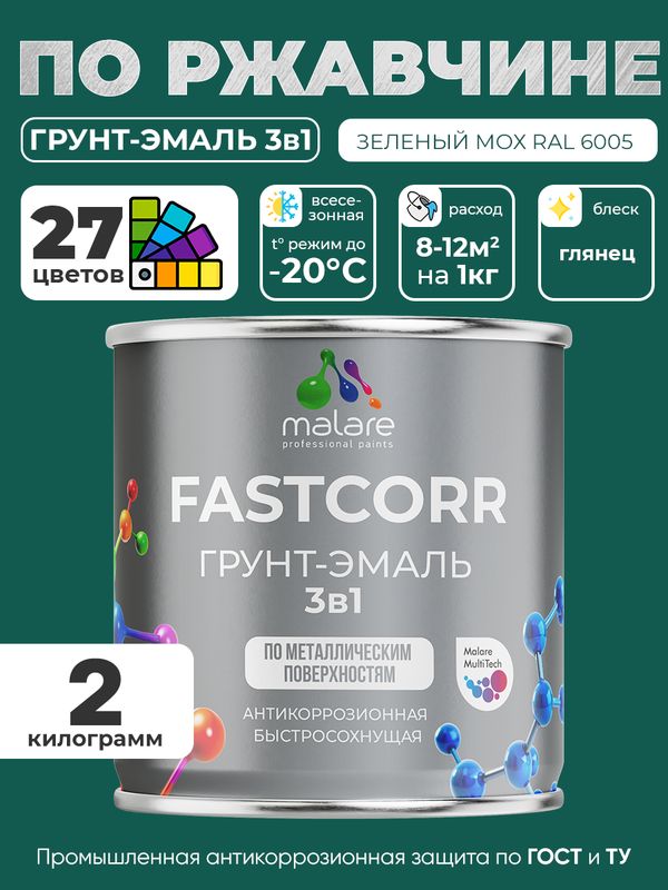 Грунт-эмаль по ржавчине 3 в 1 Malare FastCorr краска для металла, антикоррозионная износостойкая быстросохнущая RAL 6005, зелёный мох, глянцевая, 2 кг.