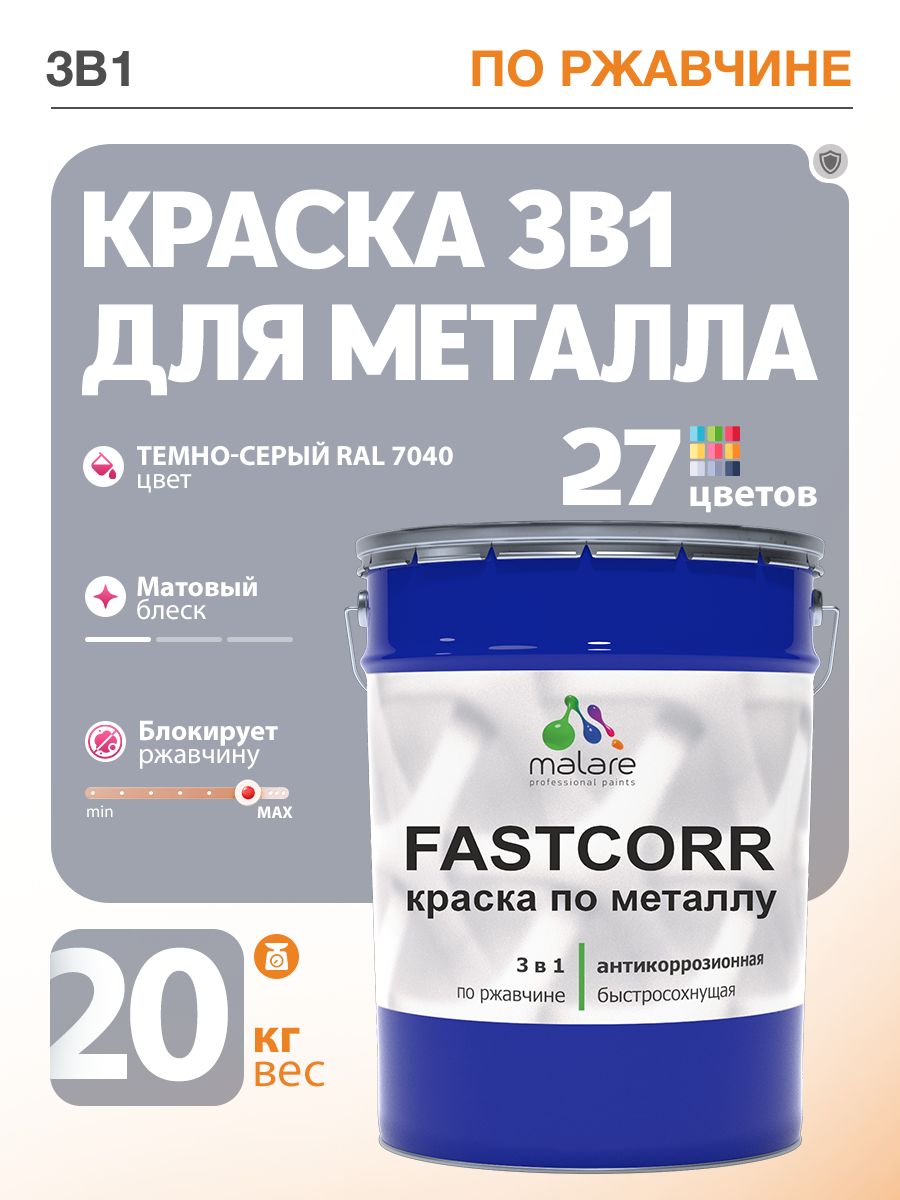 Краска для металла по ржавчине Malare FastCorr, для наружных работ износостойкая, быстросохнущая RAL 7040 темно-серый, матовая, 20 кг
