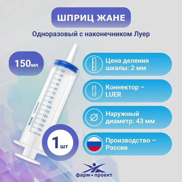 Шприц Жане 150 мл, 1 шт., медицинский одноразовый трехдетальный ...