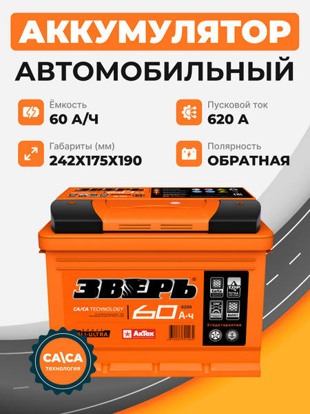 Аккумулятор автомобильный Зверь ZVK 60-3-R 60Ah 620A / 242x175x190 ...