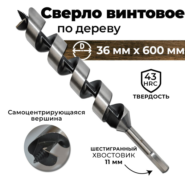 Сверло по дереву винтовое (Левиса) 36 x 600 мм BERGEN, шестигранный ...