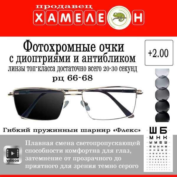 Очки фокус плюс, на широкое лицо, фотохромные, защита от бликов ...
