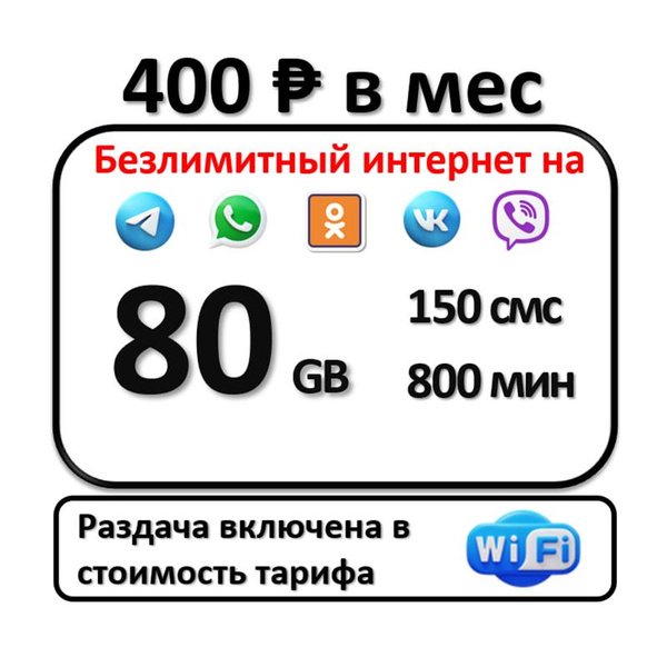 SIM-карта Сим карта 800 минут 80 Гб БЕЗЛИМИТНЫЙ ИНТЕРНЕТ (Вся Россия ...