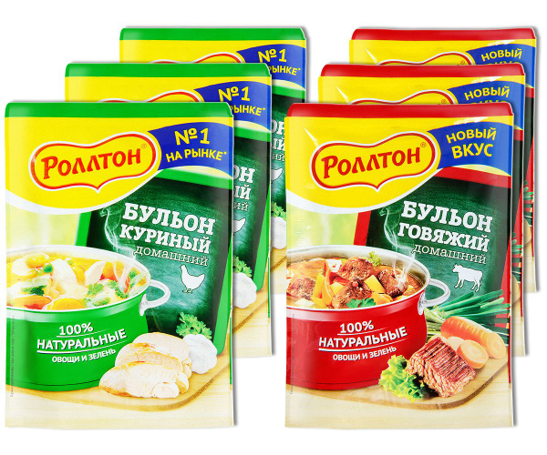 Роллтон Бульон "Куриный" и "Говяжий" домашний в пакете, 90 г, 6 шт ...